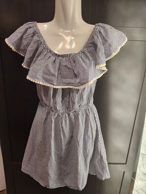 Striped Navy and White Off-Shoulder Romper with Pom Trim